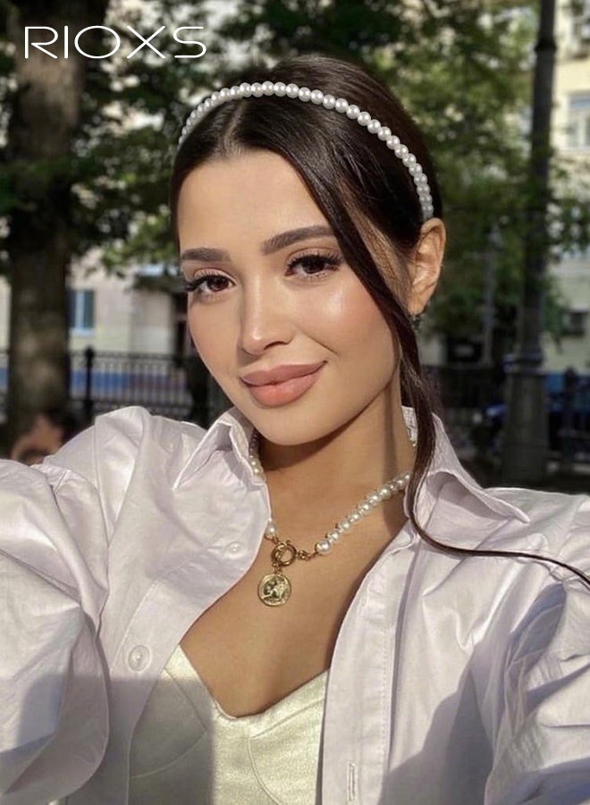 RIOXS 5-Piece Elegant Pearl-Embellished Hairband Set for Women, Retro-inspired Double-Layer Hair Accessories, Sweet and Fresh Layered Style, Perfect for Weddings, Parties, and Everyday Fashion Outfits - Image 3